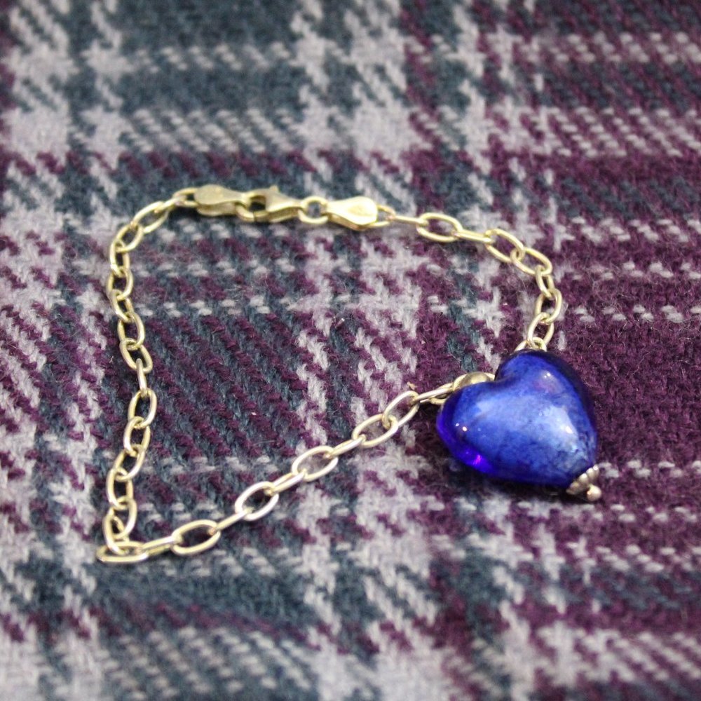 *925* Sterling Silver Italy Chain Bracelet with Dichroic Glass Heart Charm